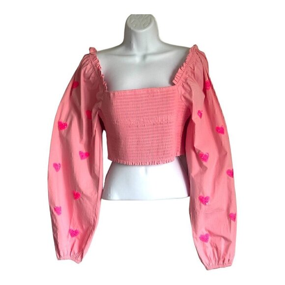 EUC - Main Strip Heartfelt Milkmaid Smocked Sequin Hearts Crop Top - Size: Large - Picture 5 of 10